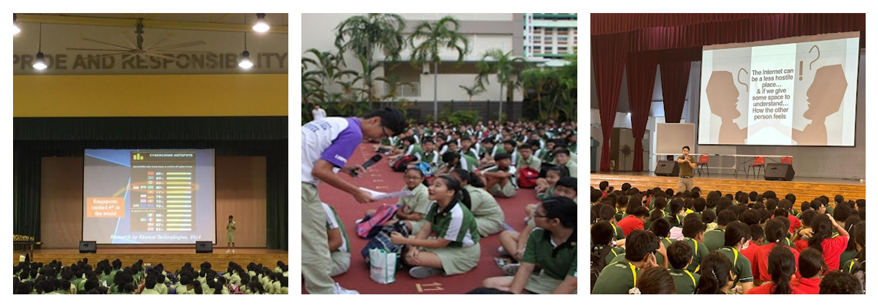 Three school assembly scenes with students in green uniforms attending presentations about cybercrime and internet safety.
